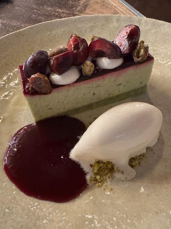 pistachio mousse cherry dessert woodsman restaurant