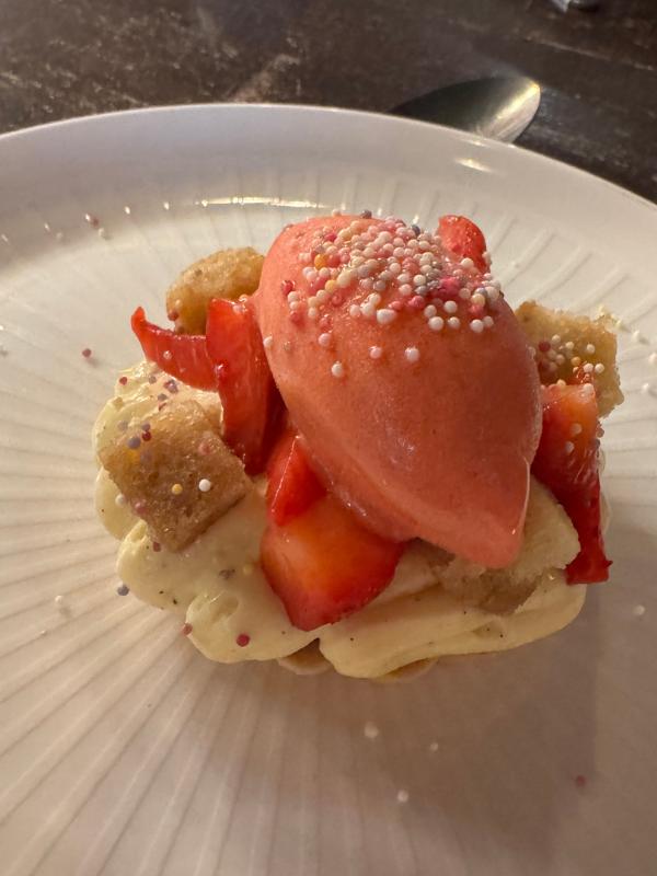 strawberry sorbet dessert woodsman restaurant