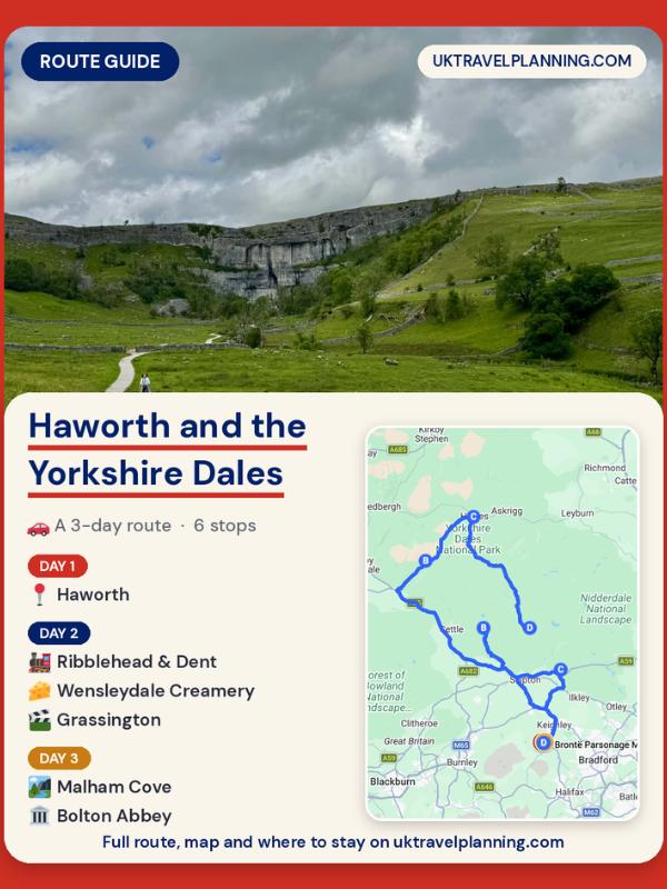 Mapa de Haworth y Yorkshire Dales Ruta de 3 días con mapa e imagen de Malham Cove.