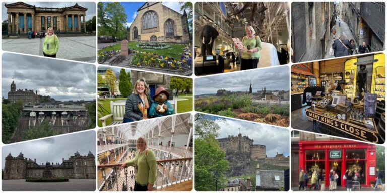 Collage of things to do in Edinburgh including Edinburgh Castle, the Palace of Holyroodhouse, the National Museum of Scotland, Mary King's Close, a narrow Old Town close, the view from Calton Hill and The Elephant House cafe