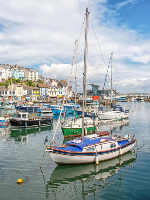 Boats moored in Brixham harbour in Devon, with colourful houses rising up the hillside behind
