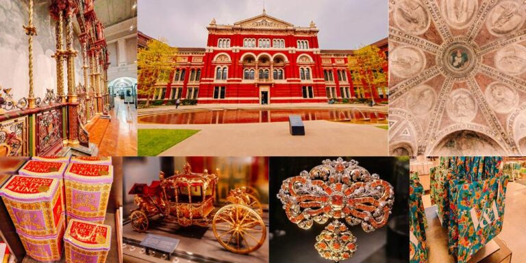 Collage of the Victoria and Albert Museum London showing the iconic red brick exterior, ornate interior galleries, the gilded State Coach model, a jewelled brooch exhibit, coronation memorabilia, and the V&A gift shop.
