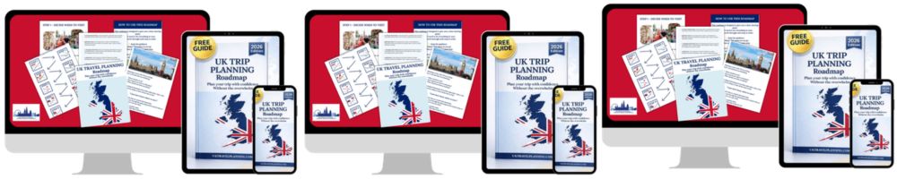 Cover of the free UK Trip Planning Roadmap, a step-by-step guide to planning a trip to the UK