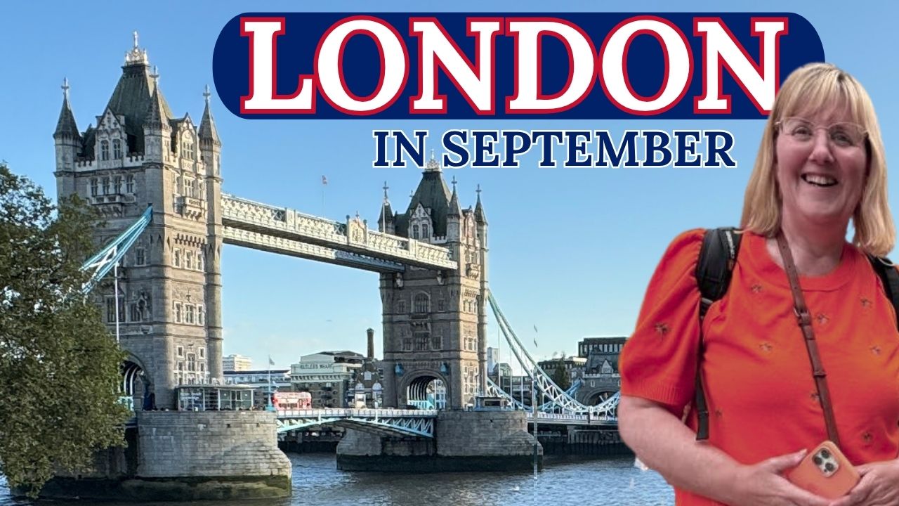 London in September words over an image of tower bridge and Tracy standing smiling at the camera