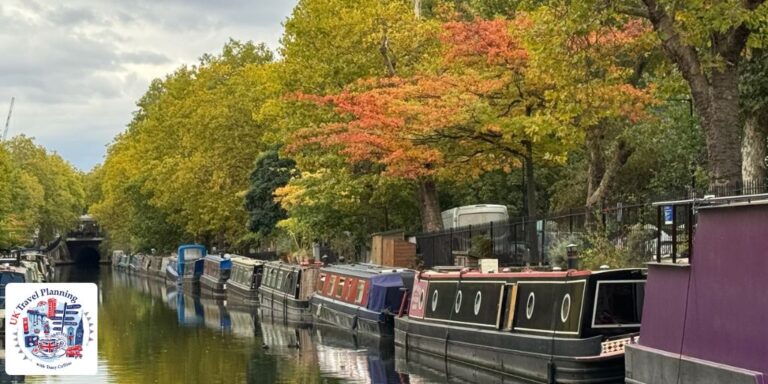 London canal at Little Venice with autumn leaves
