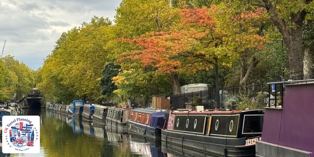 London canal at Little Venice with autumn leaves