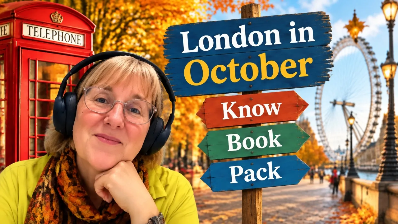 Tracy wearing earphones in front of scenes of London in autumn