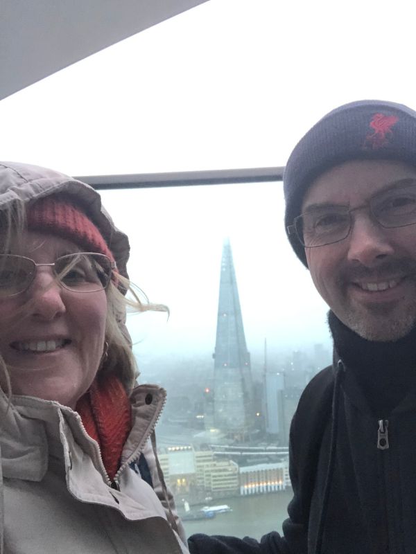 Tracy and Doug on a rainy day in London at the Sky Garden.