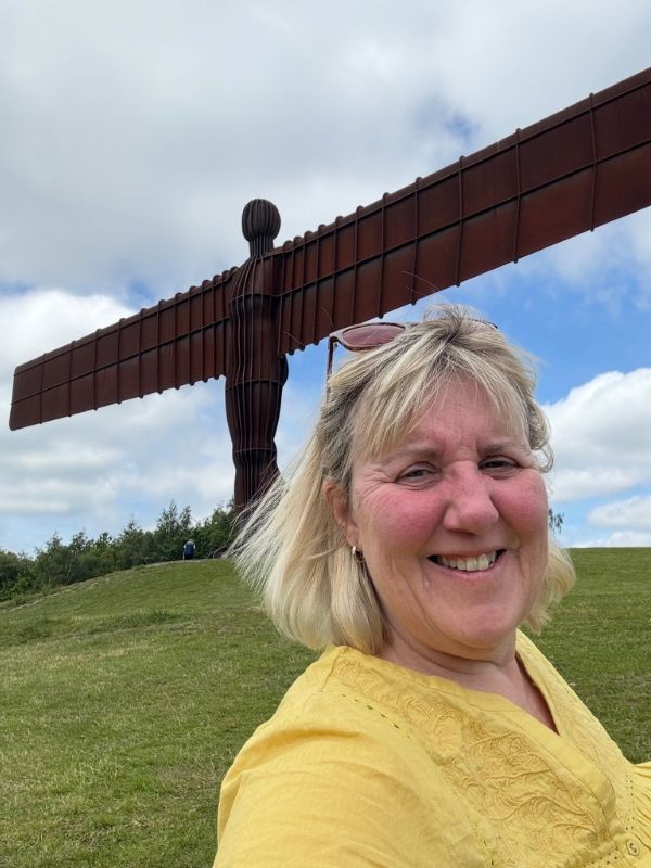 Tracy at the Angel of the North in Gateshead. 